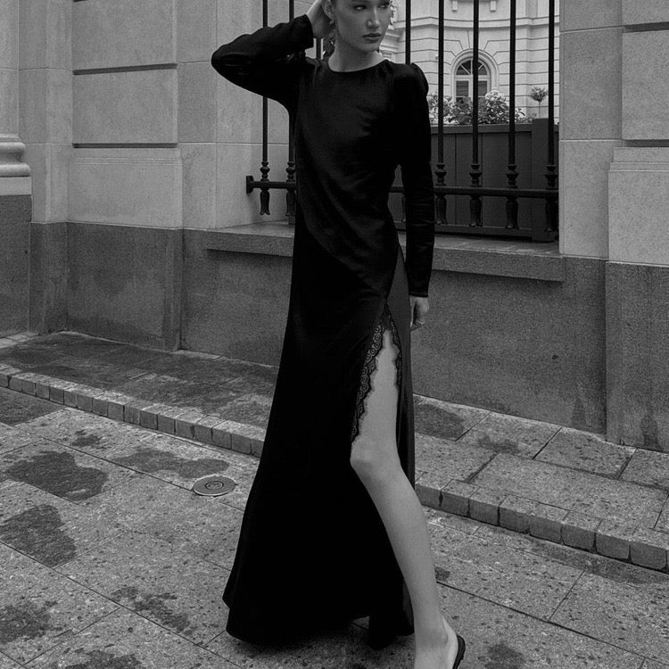 Satin Maxi Dress with Slit and Lace Decoration - Lennon