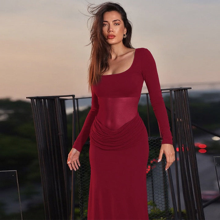 Maxi Dress with Mesh and Pleats Design - SUSANA