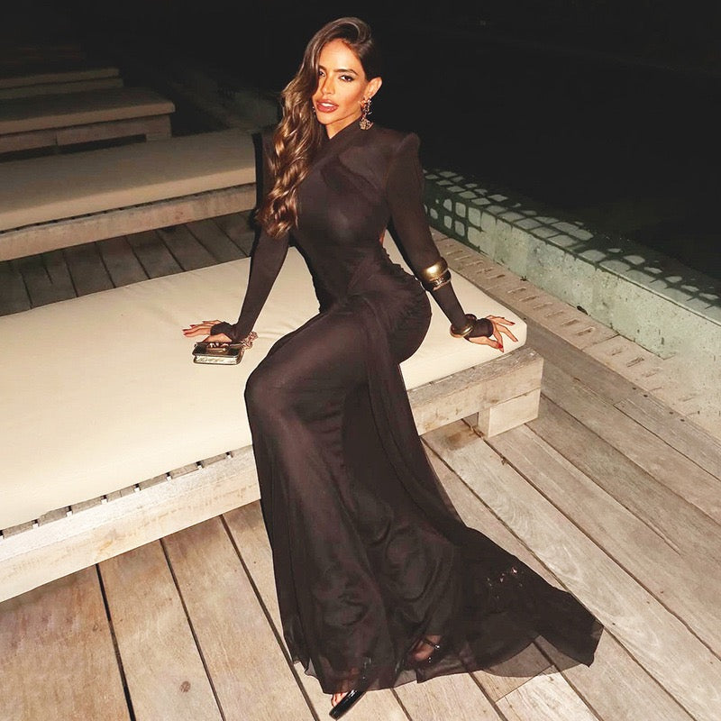 Maxi Dress with Ruching and Tie Decoration - LILIAN