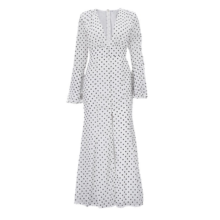 Polka-dot chiffon maxi dress with open-back design – Valentina
