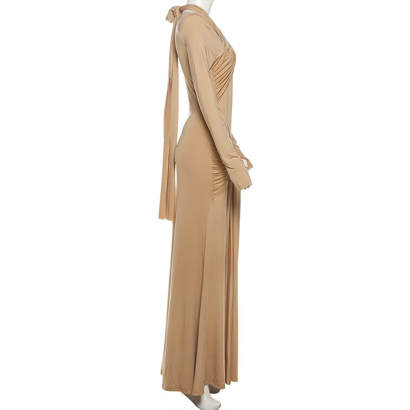 Maxi Dress with Ruching and Tie Decoration - LILIAN