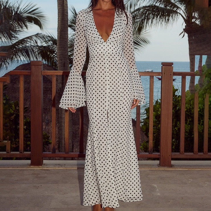 Polka-dot chiffon maxi dress with open-back design – Valentina