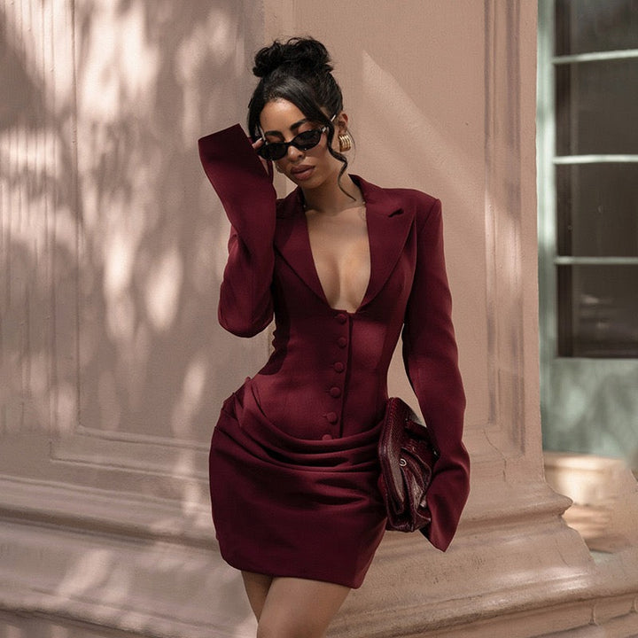 Tailored mini dress with pleats and buttons, V-neck design - Donatella