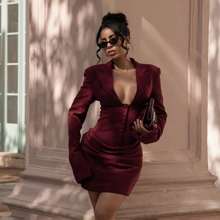 Tailored mini dress with pleats and buttons, V-neck design - Donatella