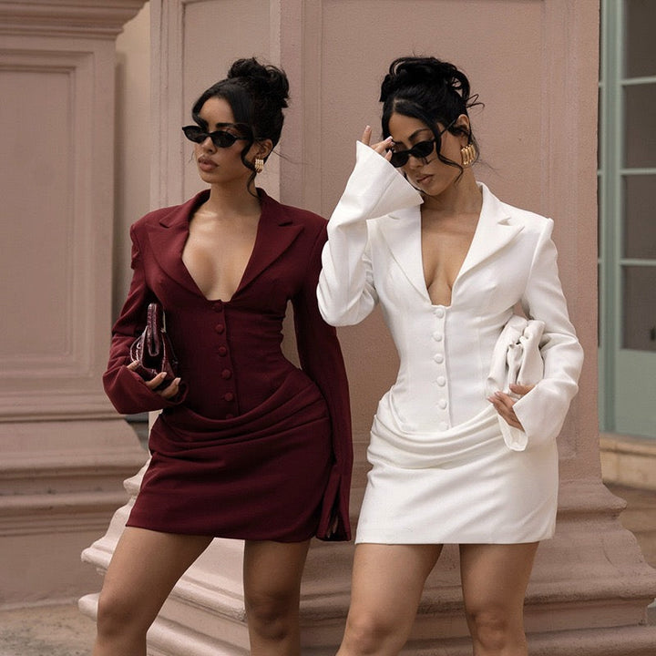Tailored mini dress with pleats and buttons, V-neck design - Donatella