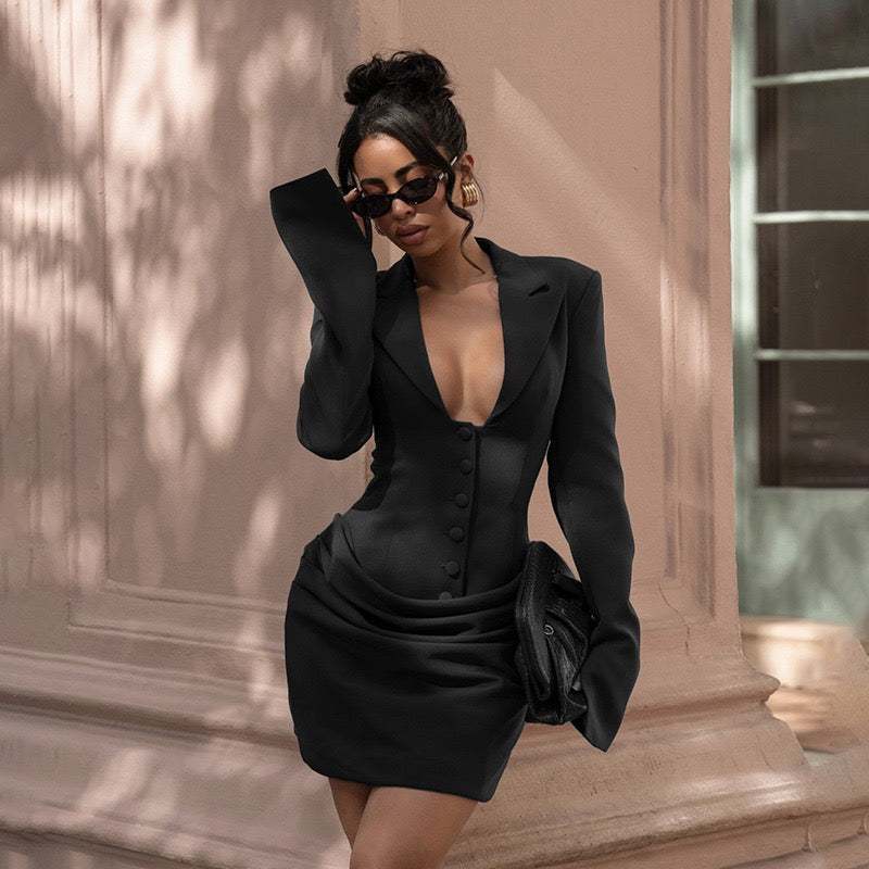 Tailored mini dress with pleats and buttons, V-neck design - Donatella