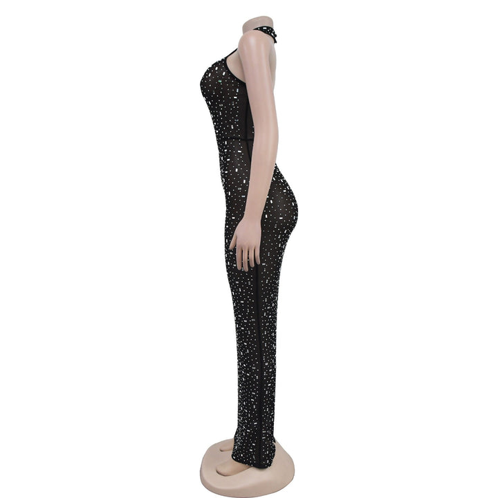Maxi dress with collar, open back, and diamond decoration - DEISY
