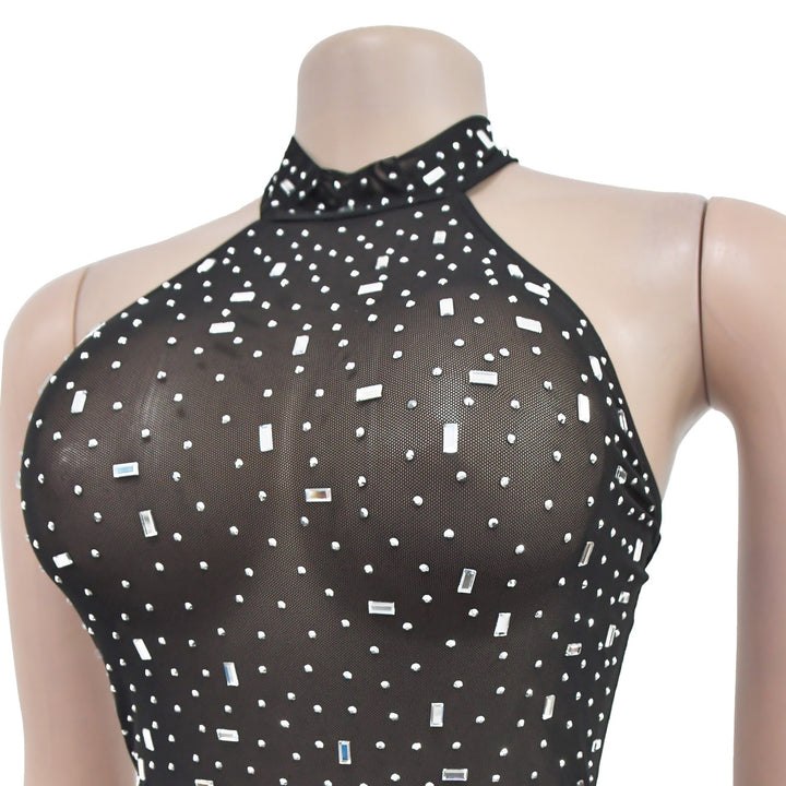 Maxi dress with collar, open back, and diamond decoration - DEISY
