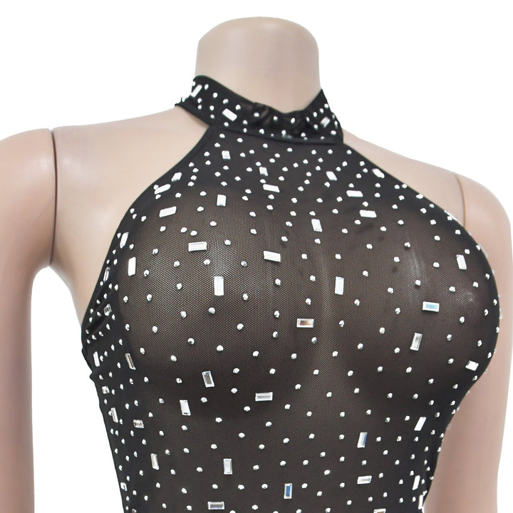 Maxi dress with collar, open back, and diamond decoration - DEISY
