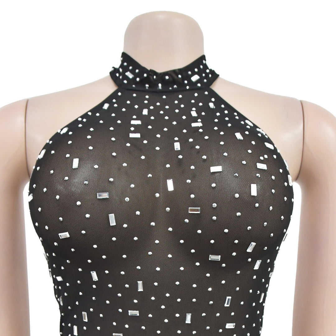 Maxi dress with collar, open back, and diamond decoration - DEISY