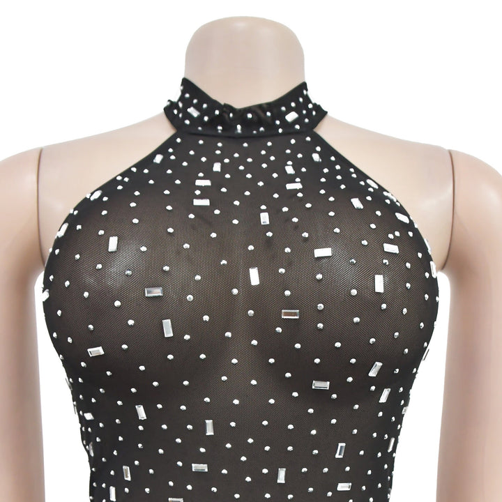 Maxi dress with collar, open back, and diamond decoration - DEISY