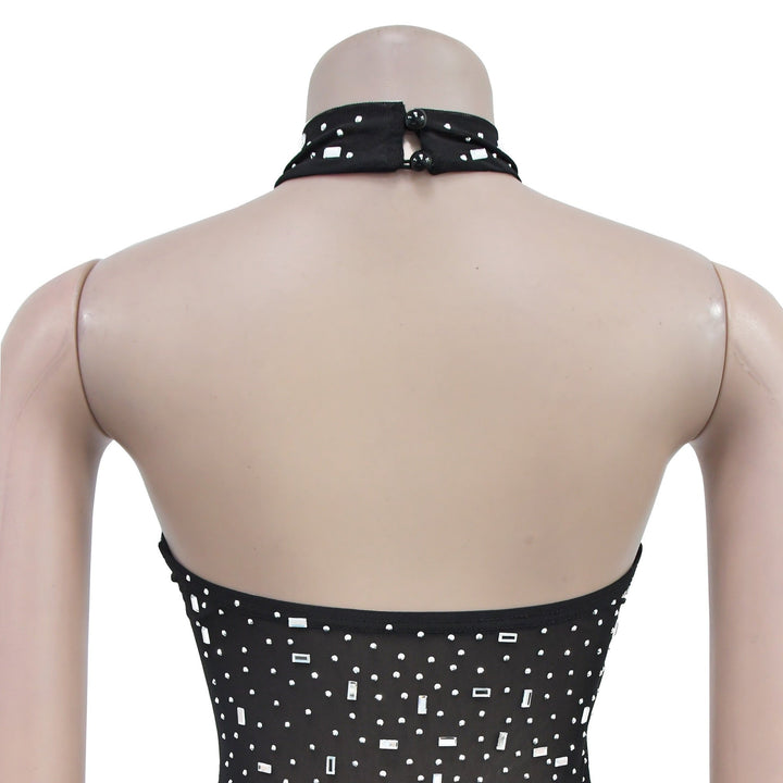 Maxi dress with collar, open back, and diamond decoration - DEISY