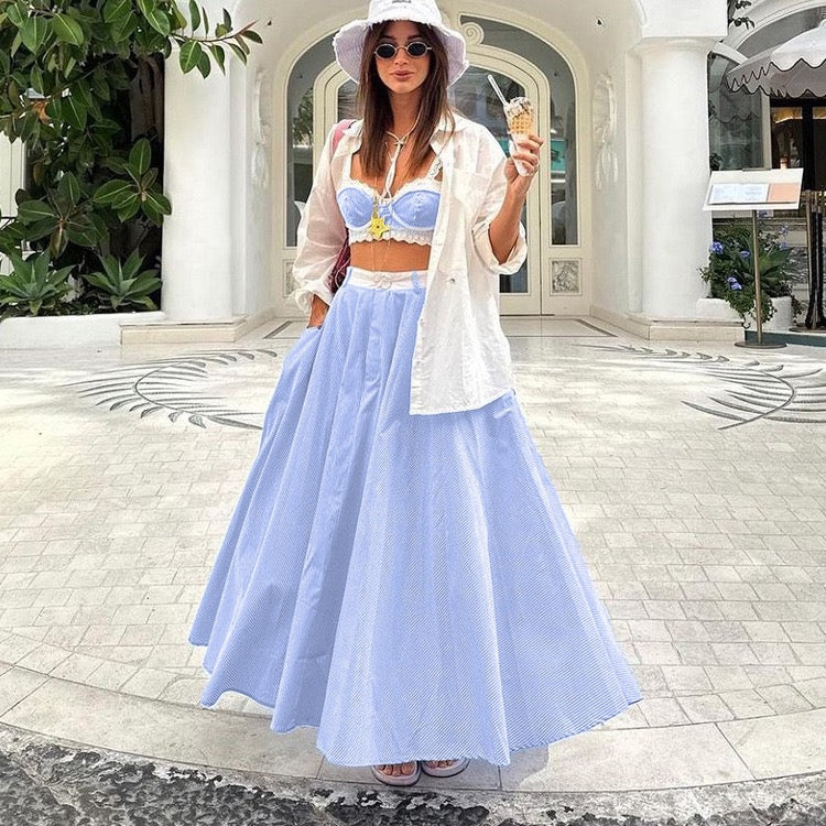 Two-piece striped set with tie top and maxi skirt – Laia