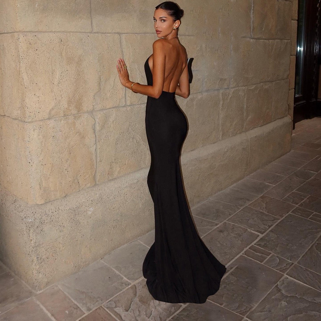 Maxi dress with open back and collar chain design - GABBY