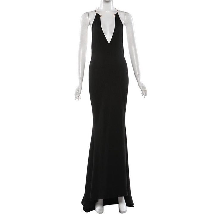Maxi dress with open back and collar chain design - GABBY