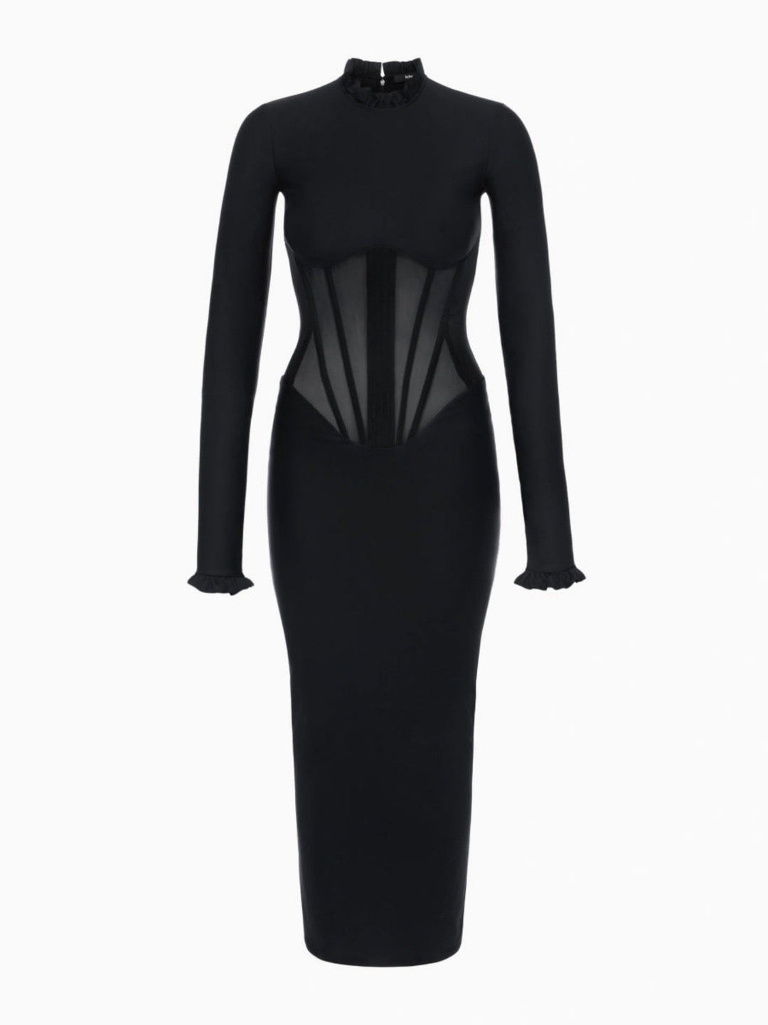 Fitted maxi dress with shaping fabric and mesh corset design - V