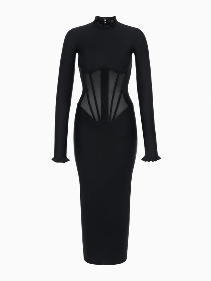 Fitted maxi dress with shaping fabric and mesh corset design - V