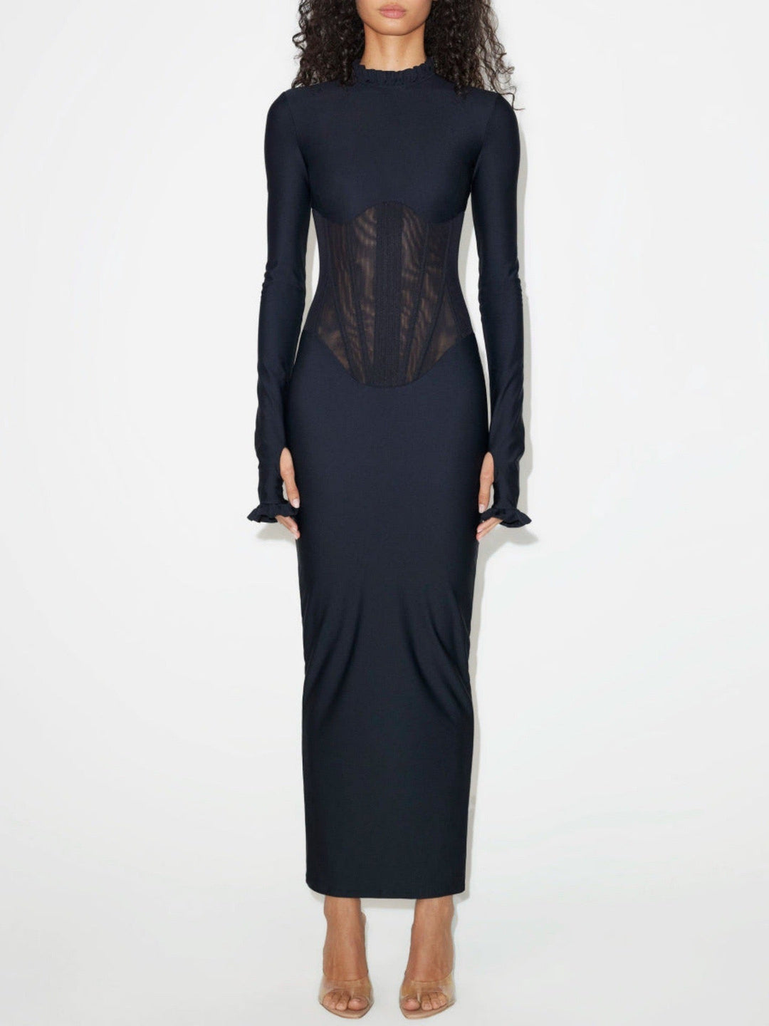 Fitted maxi dress with shaping fabric and mesh corset design - V