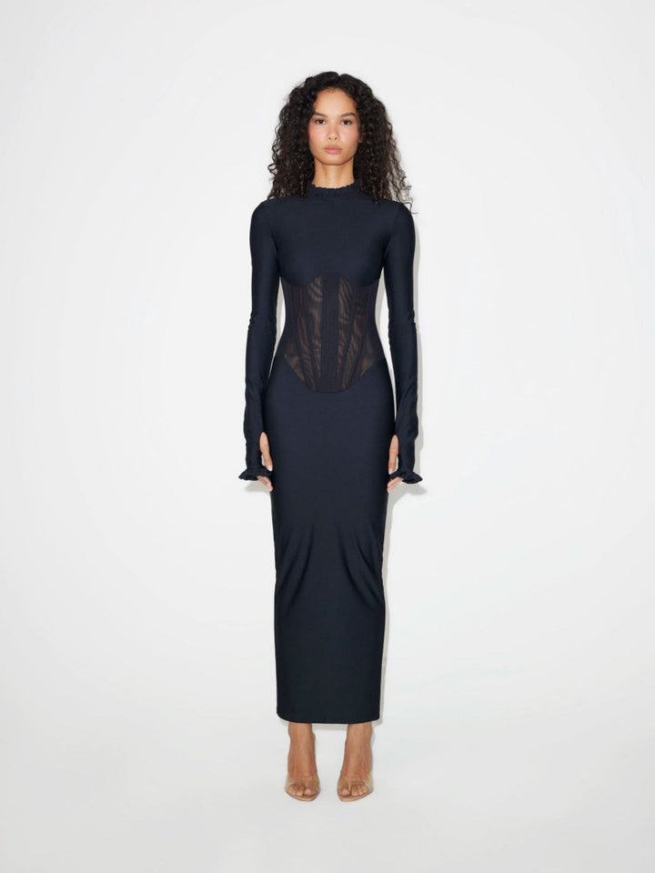 Fitted maxi dress with shaping fabric and mesh corset design - V