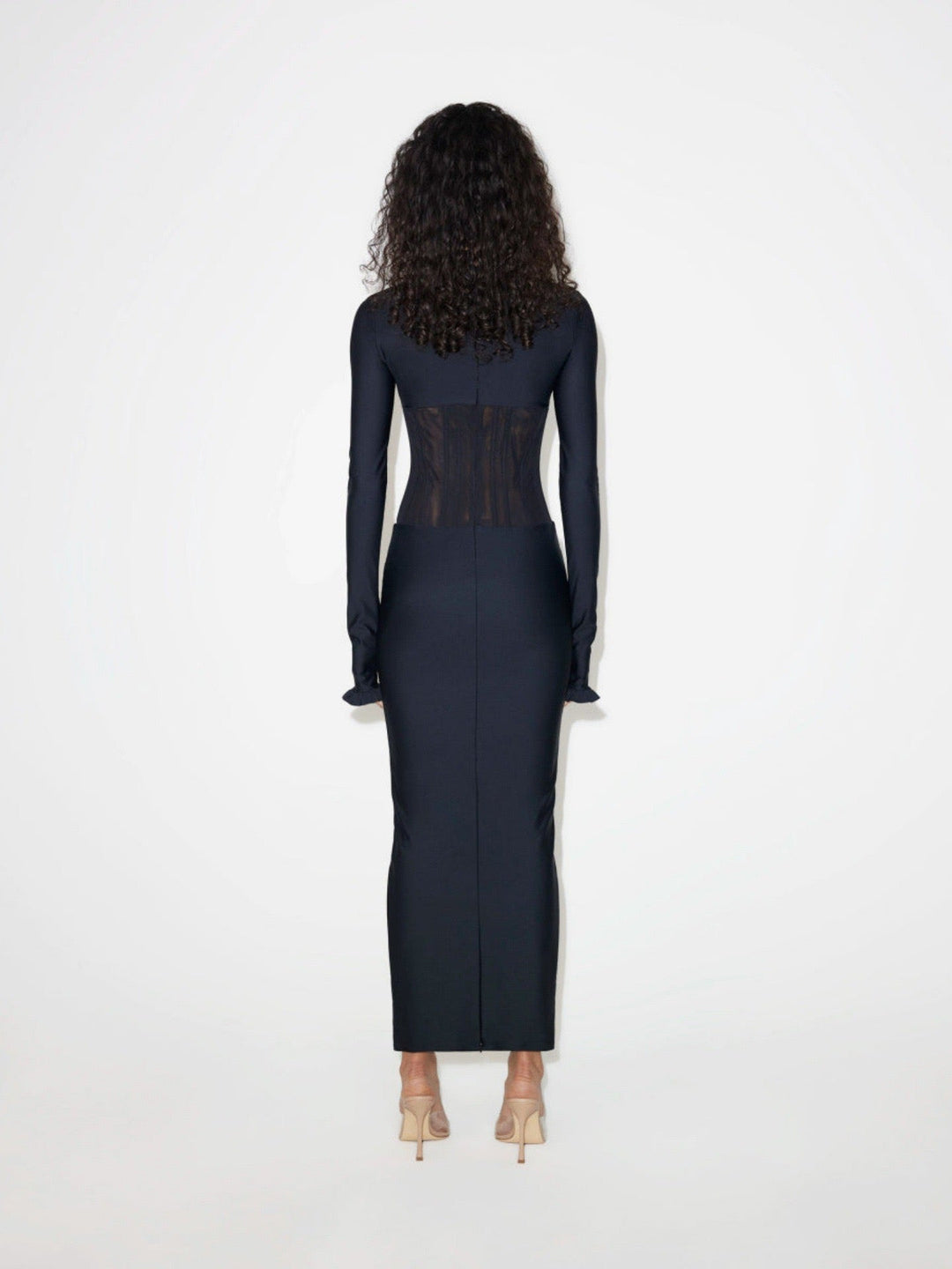 Fitted maxi dress with shaping fabric and mesh corset design - V