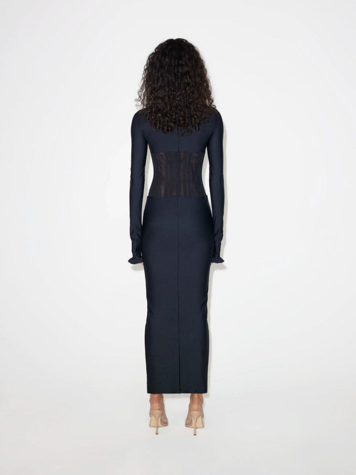 Fitted maxi dress with shaping fabric and mesh corset design - V
