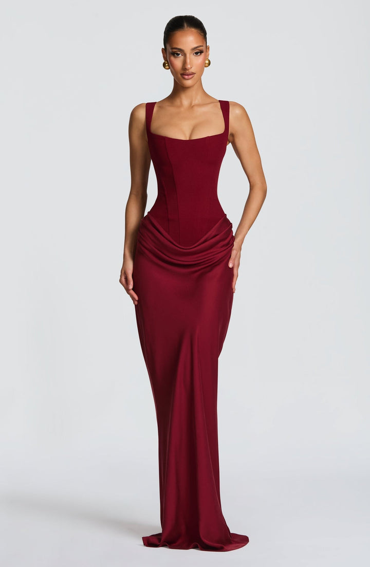 Maxi dress with satin pleats and corset tie at the back for waist fitting - Loiana