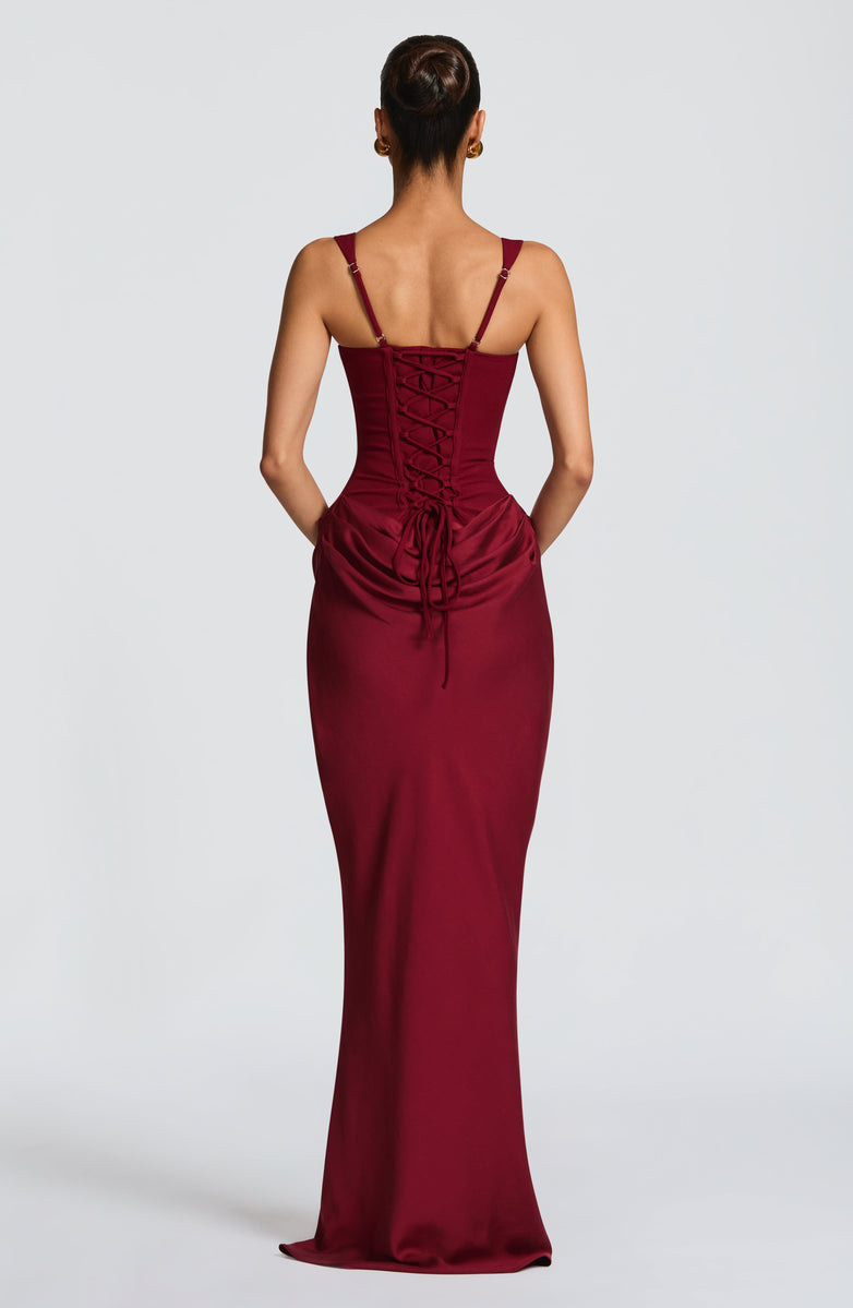 Maxi dress with satin pleats and corset tie at the back for waist fitting - Loiana