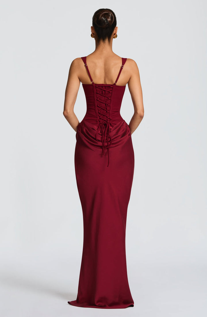 Maxi dress with satin pleats and corset tie at the back for waist fitting - Loiana
