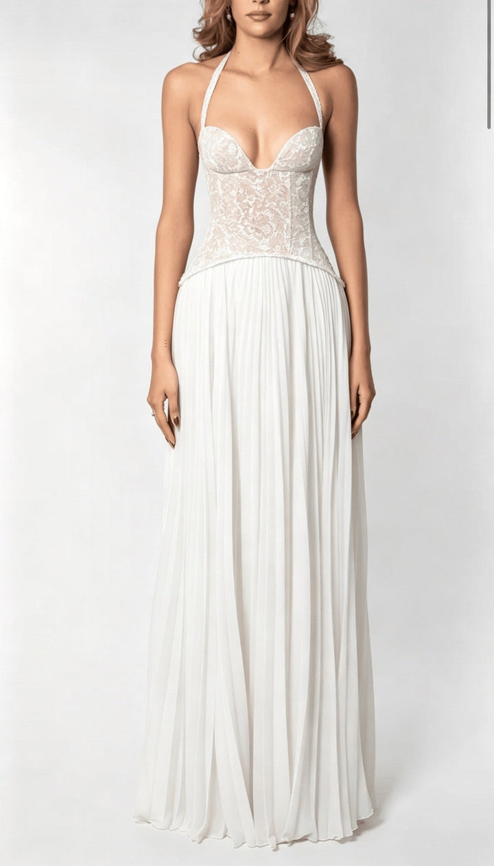Pleated maxi dress with a lace design, back tie, and waist fastening - MELIA