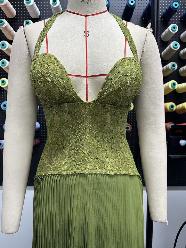 Pleated maxi dress with a lace design, back tie, and waist fastening - MELIA
