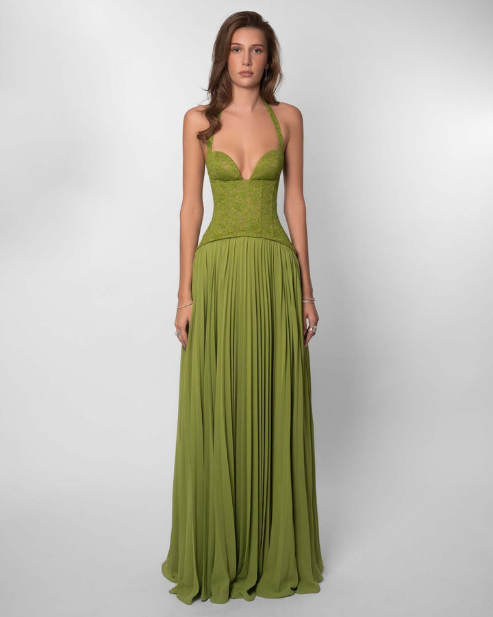 Pleated maxi dress with a lace design, back tie, and waist fastening - MELIA