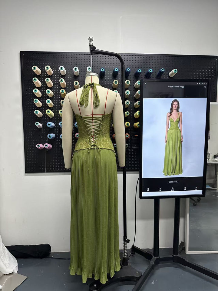 Pleated maxi dress with a lace design, back tie, and waist fastening - MELIA