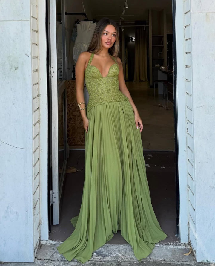 Pleated maxi dress with a lace design, back tie, and waist fastening - MELIA