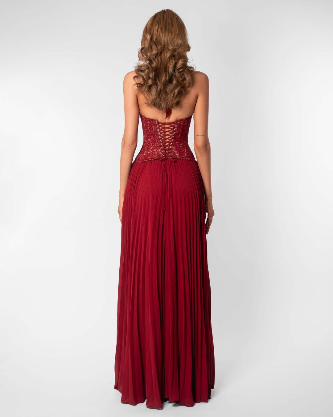 Pleated maxi dress with a lace design, back tie, and waist fastening - MELIA