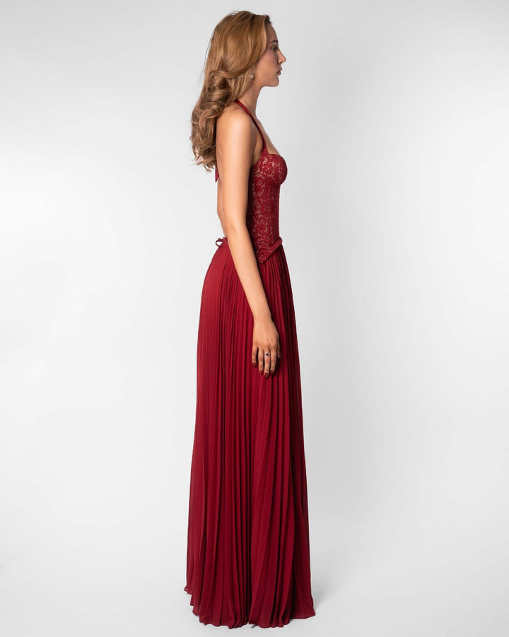 Pleated maxi dress with a lace design, back tie, and waist fastening - MELIA