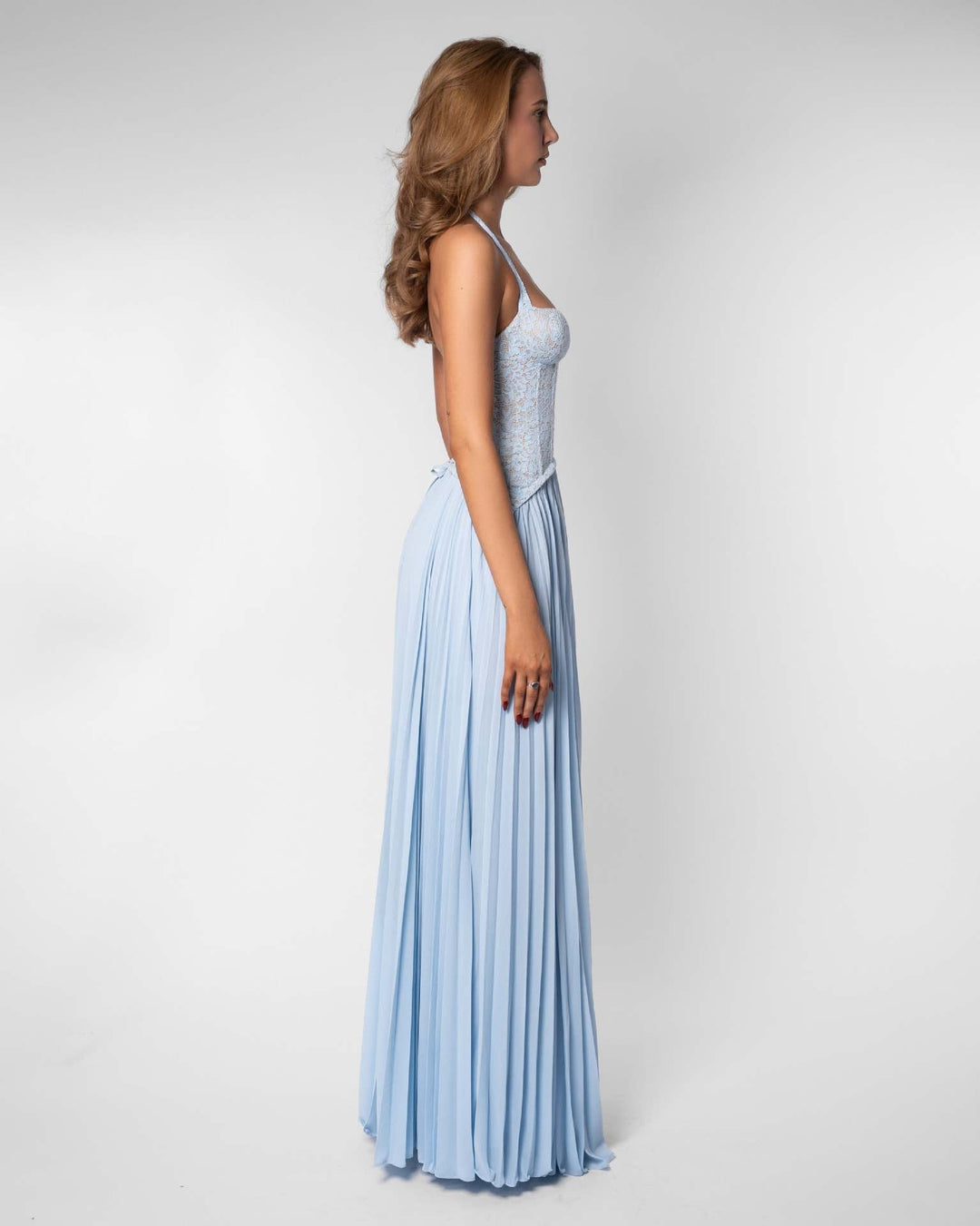 Pleated maxi dress with a lace design, back tie, and waist fastening - MELIA
