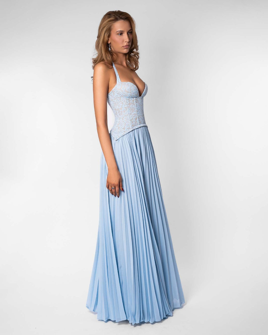 Pleated maxi dress with a lace design, back tie, and waist fastening - MELIA