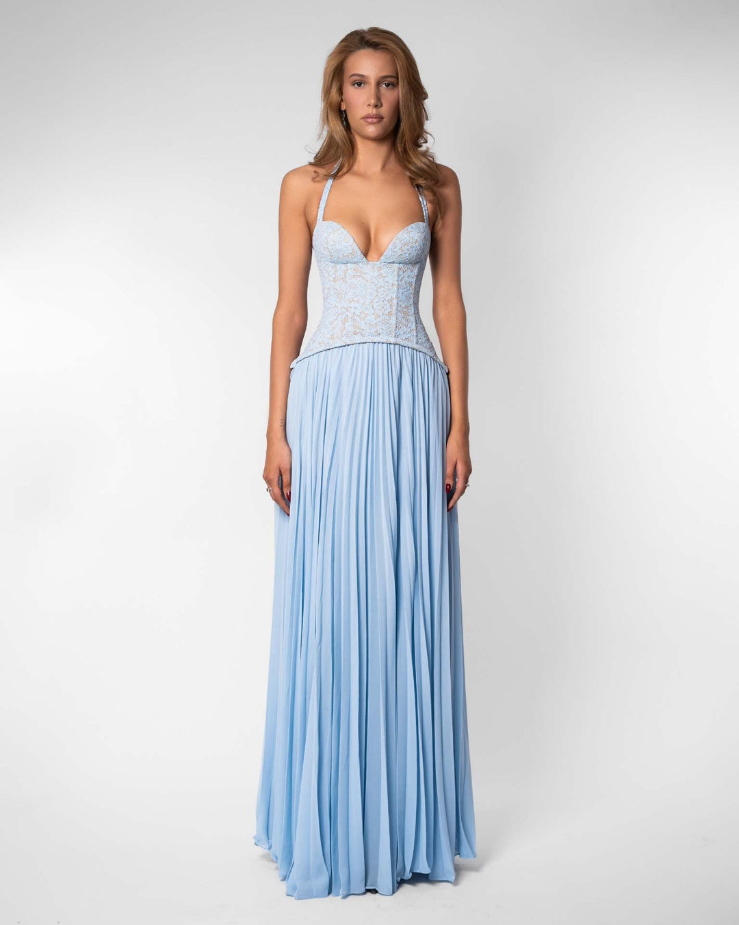 Pleated maxi dress with a lace design, back tie, and waist fastening - MELIA