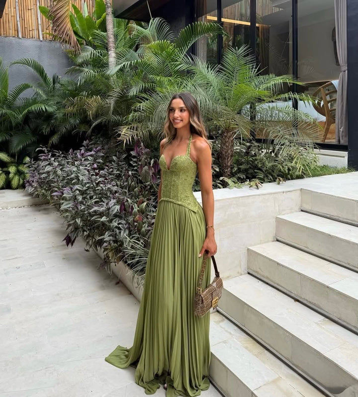Pleated maxi dress with a lace design, back tie, and waist fastening - MELIA