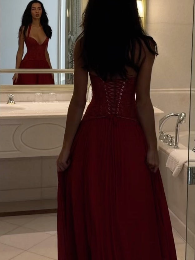 Pleated maxi dress with a lace design, back tie, and waist fastening - MELIA