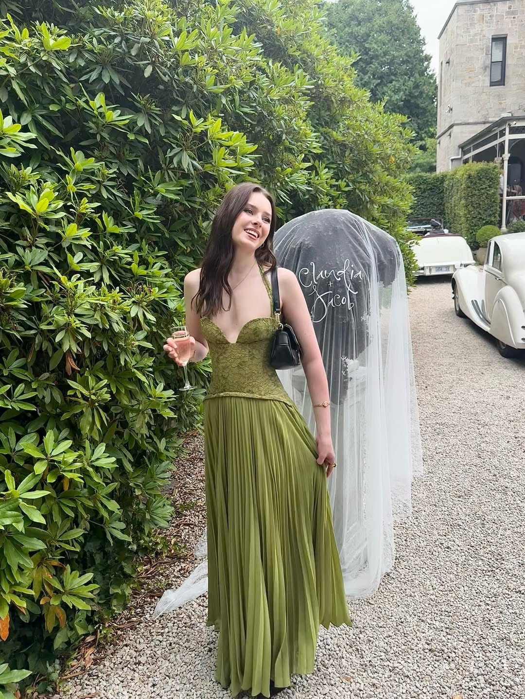 Pleated maxi dress with a lace design, back tie, and waist fastening - MELIA