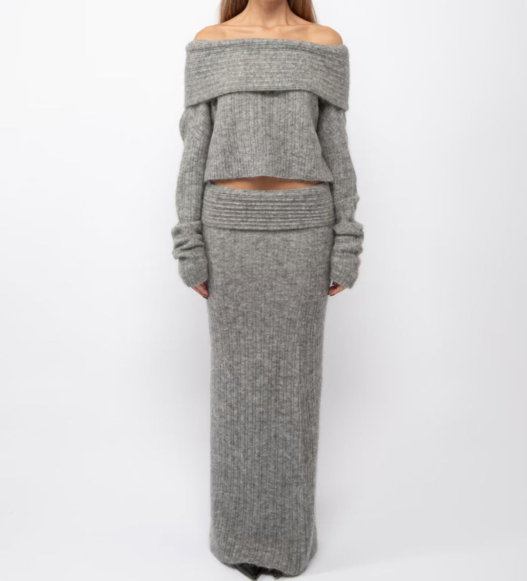 Two-Piece Knit Set with Off-Shoulder Top and Maxi Skirt - Ilona