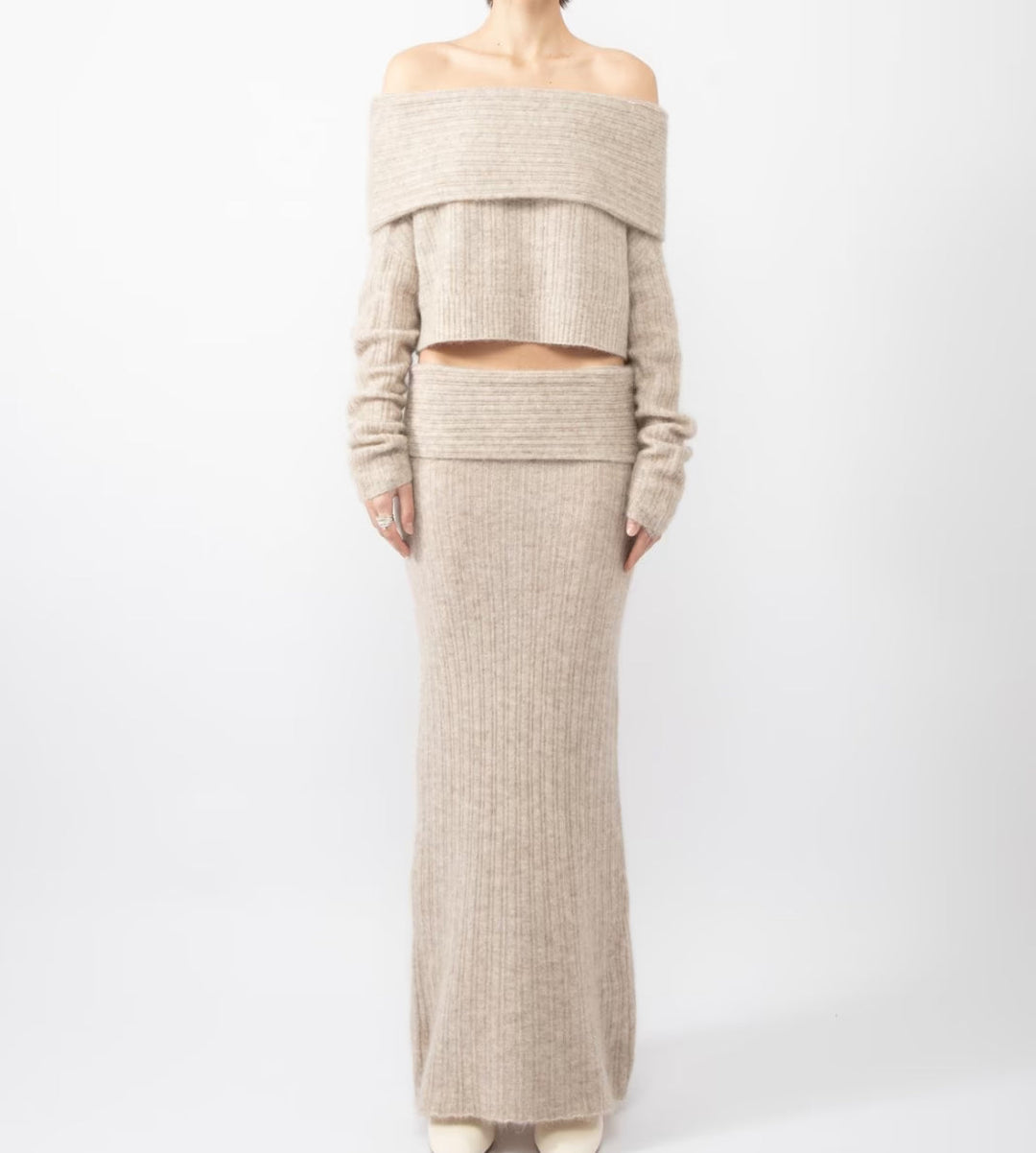 Two-Piece Knit Set with Off-Shoulder Top and Maxi Skirt - Ilona