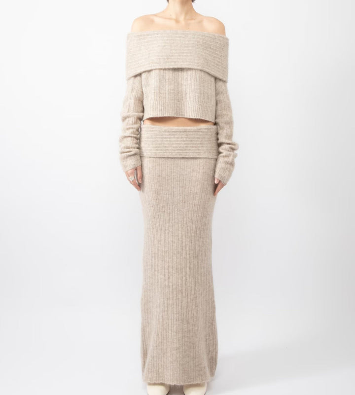 Two-Piece Knit Set with Off-Shoulder Top and Maxi Skirt - Ilona