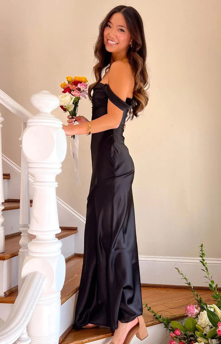 Satin maxi dress with off-the-shoulder design – Corey