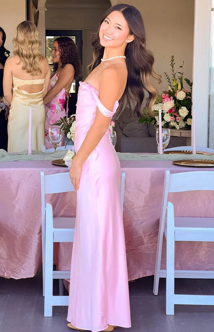 Satin maxi dress with off-the-shoulder design – Corey