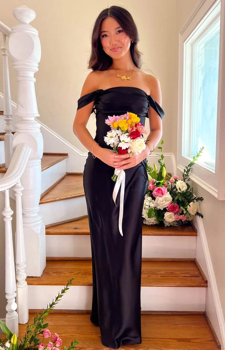 Satin maxi dress with off-the-shoulder design – Corey
