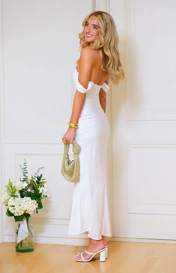 Satin maxi dress with off-the-shoulder design – Corey