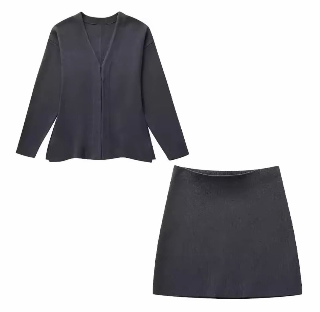Two-Piece Knit Set with Pin-Closure Cardigan and Mini Skirt - Beatrice