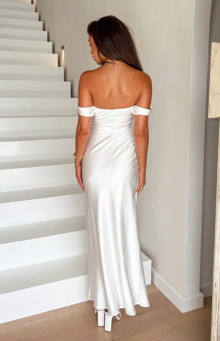 Satin maxi dress with off-the-shoulder design – Corey
